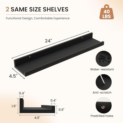 Dreamland Picture Ledge Shelf for Wall, Floating Shelves Set of 2, 24 Inch Long Floating Shelves with Lip for Living Room, Bedroom, Bathroom, Kitchen, Black