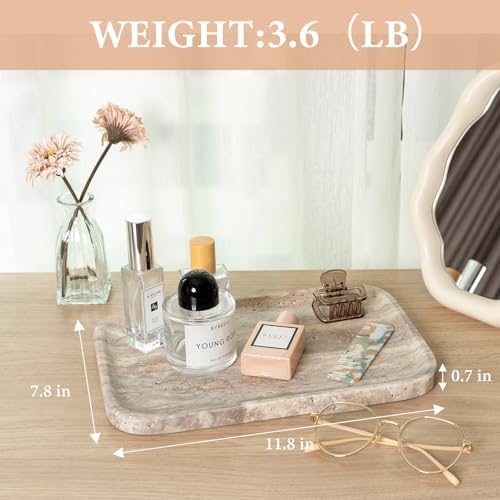 Karibiber Marble Vanity Trays, Travertine Bathroom Tray, Decorative Tray for Dresser Countertop, Grey Stone Serving Hold