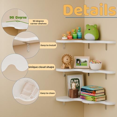 Cute Cloud Corner Shelves - Set of 3 White Wooden Floating Corner Shelves Wall Mounted, 90-Degree Space-Saving Nursery S