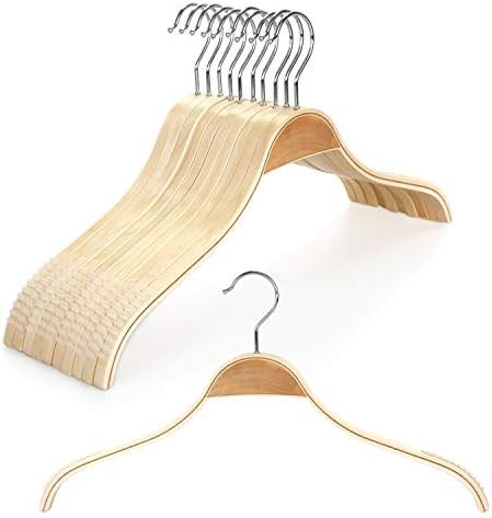 TOPIA HANGER Slim Natural Wood Hangers with Extra Soft Non-Slip Rubber Grips, 10-Pack High-Grade Fashion Hanger No Shoulder Bump for Sweater, Camisole, Jacket, Dress, Coat -CT15N