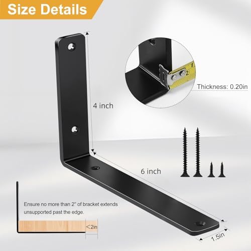 4 Pack - L 6" x H 4" x W1.5, 5mm Thick Black L Shelf Bracket, Iron Shelf Brackets, Metal Shelf Brackets, Floating Shelf,