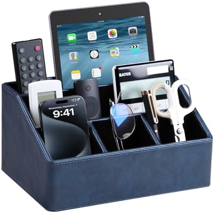 PU Leather Desk Organizer, Remote Control Holder, Dark Blue