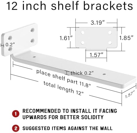 Goovilla Shelf Bracket, Floating Shelf Brackets 12 inch Long, 6 Pack, White