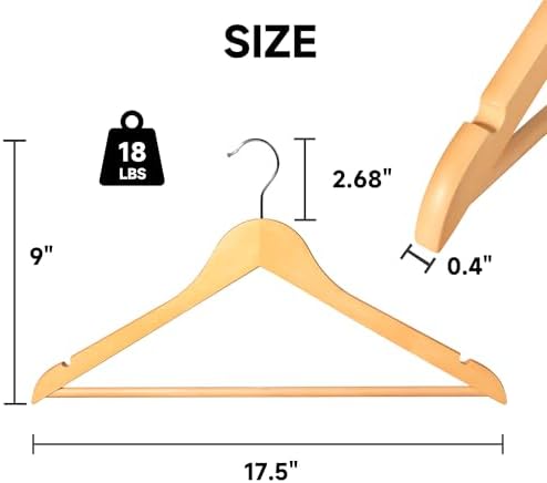 Wooden Clothes Hangers with Pants Bars, Natural Wood, 96-Pack