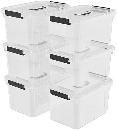 12 Qt Clear Tote Box, Plastic Storage Bin with Lid & Handle Set of 6