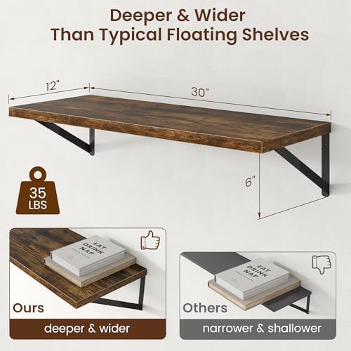 Axeman Deep Floating Shelves - 30 Inch Floating Shelves Set of 2-12 Inch Deep Brown Wood Wall Shelves for Living Room Ba