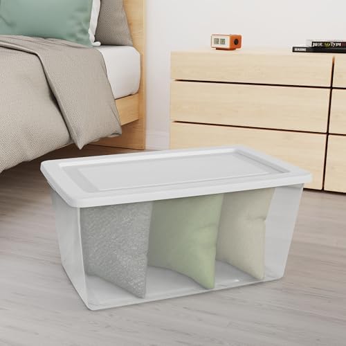 Sterilite Storage Box, Clear Plastic Snap Lid Tote, White, 90 Qt, 16-Pack