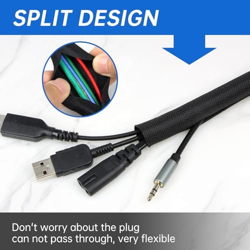 Split Braided Cable Sleeve，Flexible Wire Loom Tubing, Automotive Cord Protector Pet Proof, Cable Management for Computer