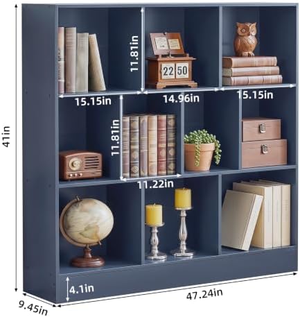 YAHARBO 3 Tier 10 Cube Long Horizontal Bookshelf, Under Window, Dark Blue