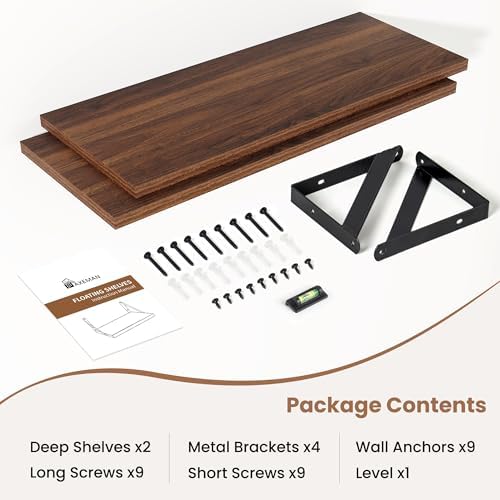 Axeman 20 Inch Floating Shelves, 8 Inch Deep Walnut Wall Shelves Set of 2