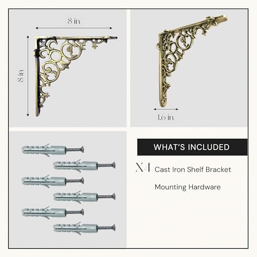 NACH Decorative Shelf Brackets, 4 Pack of 8 x 1.6 x 8 inch, Cast Iron, Brass Finish Shelf Support Bracket - Metal Shelf 