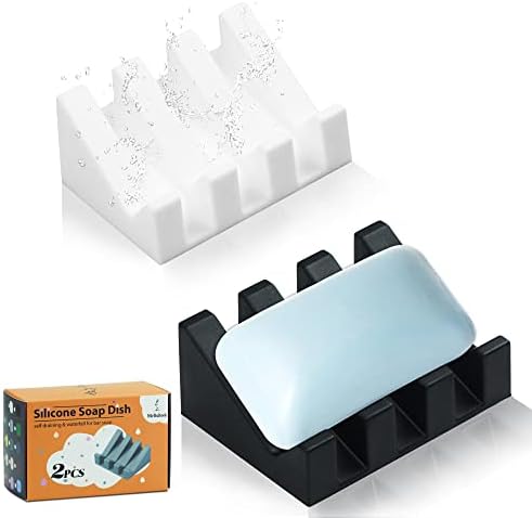 Self Draining Silicone Soap Dish Holder Waterfall Tray, 2 Pack Black White