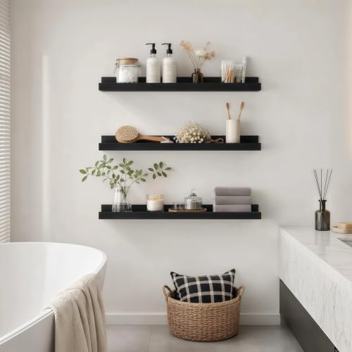 24inch Long Floating Shelves for Wall Decor, 3-Set Shelves with Lip, Black
