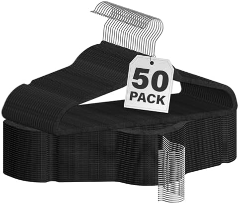 Simple Deluxe 50 Pack Velvet Hangers, Non-Slip Clothes Hangers with Shoulder Notches, 360° Swivel Hooks, Heavy Duty Coat Suit Hangers for Coats & Pants, Black