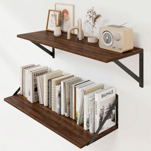 Heimlove Black Deep Floating Shelves for Wall, 23.62W x 8D Wood Wall Shelves Set of 2, Wide Floating Bookshelf for Livin