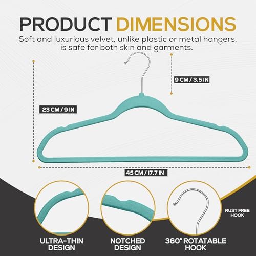 Techzoo 50 Pack New Premium Quality Velvet Hangers Ultra Thin Non Slip Adult Felt Space Saving Hangers for Closet Heavy Duty Coat Pants Dress Hangers 360° Swivel Hook Hold Upto 10 lbs Teal