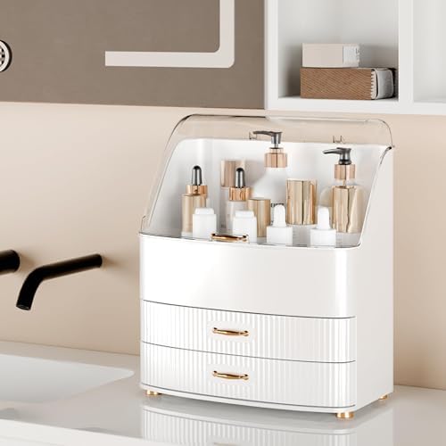 Makeup Organizer Countertop Vanity with Transparent Lid Drawers Waterproof Dustproof Cosmetic Skincare Bathroom Storage 
