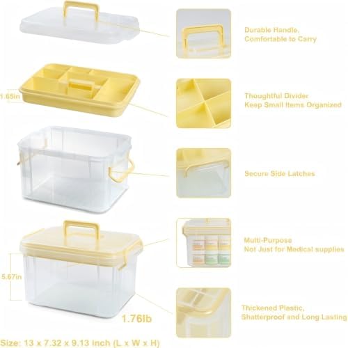 2-Tier Medicine Organizer - Plastic Portable Storage Box with Handle Yellow