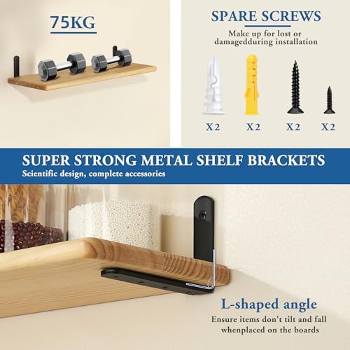 Mooche Black Shelf Brackets, Heavy Duty Floating Shelf Bracket for Wood Shelves, Wall Mounted Metal L Brackets, Wall She