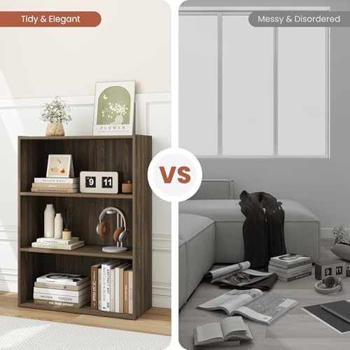 3 Tier Wood Modern Bookshelf, Wooden Book Shelf with Three Display Shelves, Open Shelf Bookcase for Bedroom, Living Room