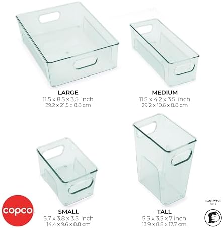 Copco Mini Fridge Bins Set of 4 Green - Refrigerator Organizer Bins with Handles, Clear Storage Bins for Fridge, Pantry 