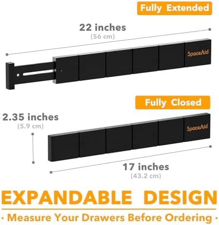 SpaceAid Bamboo Drawer Dividers with Inserts and Labels, Kitchen Adjustable Drawer Organizers, Expandable Organization for Home, Office, Dressers, 7 Dividers with 15 Inserts (17"-22" Black)
