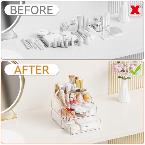Yieach 3 Tier Clear Acrylic Makeup Organizers with Drawers,Tiered Countertop Make up Storage Organizer for Dresser Top a