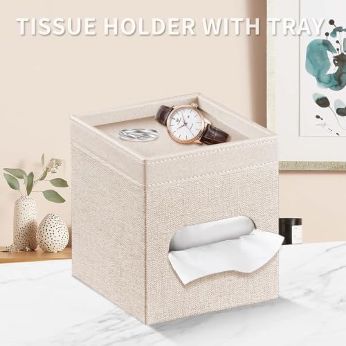 PU Leather Square Tissue Box Cover with Storage Tray,Modern Decorative Tissue Holder for Bathroom Vanity Night Stands, O
