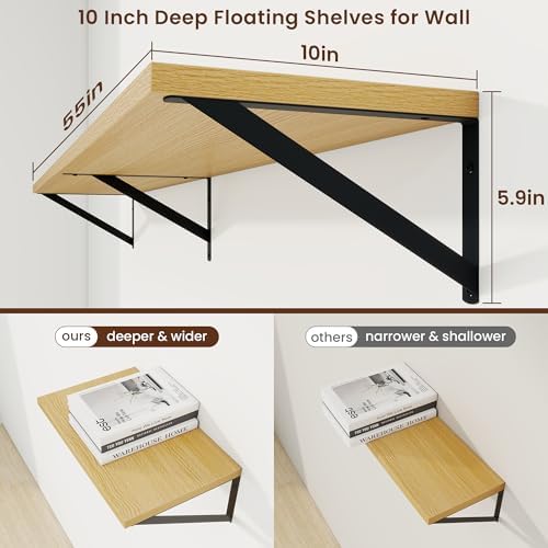 Axeman Deep Floating Shelves, 55'' x 10'' Oak Wall Shelves Set of 2