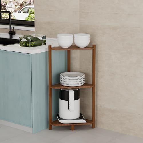 Wisuce Bamboo Small Corner Shelf Stand, 3-Tier Brown Corner Bookshelf