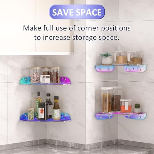Sezanrpt 9.5x9.5 Inch Acrylic Corner Floating Shelf Set of 2, Iridescent Corner Wall Shelf for Home Décor, Speakers, Sec