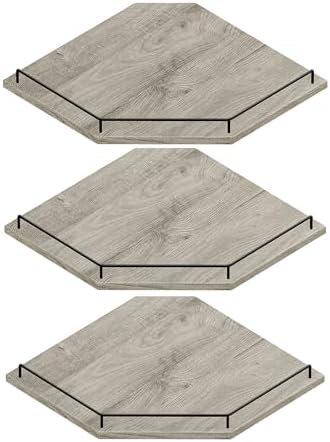 JJL Corner Shelf Wall Mounted, 12 Inches 3-Tier Floating Corner Shelf, Hexagon Rustic Wood Decor with Fence, Gray Wood G
