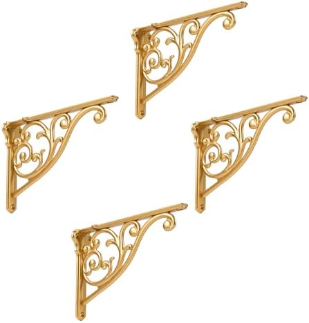 Shelf Brackets 4 Inch 4 Pack Heavy Duty Antique Gold Wall Bracket Victorian Kitchen Decorative Rack Shelves, Shelf Brack