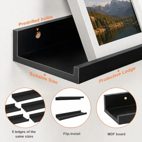 24inch Long Floating Shelves for Wall Decor, 5-Set Shelves with Lip, Black