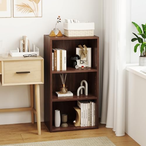 GOFLAME 3 Tier Small Open Bookshelf, Short Bookcase with 2 Adjustable Shelves, Multifunctional Storage Cabinet, Modern D