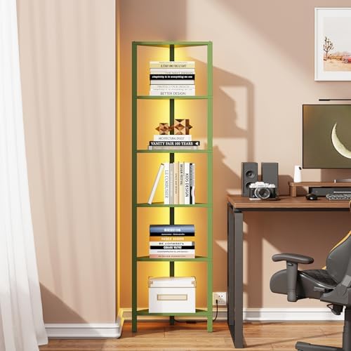 TUTOTAK Corner Shelf with LED Light, 6-Tier Corner Bookshelf