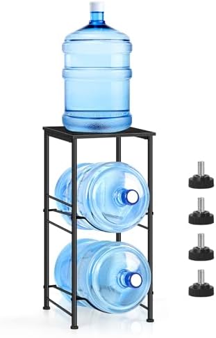 OYEAL Water Bottle Holder 5 Gallon Water Jug Holder with Storage Shelf, 2 Tier Black Water Bottle Rack Stand with 2 Slot