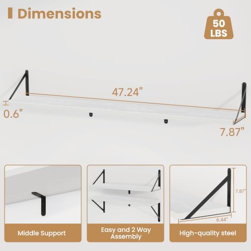 Heimlove Floating Book Shelves for Wall,47.2 Inches Long Wall Mounted Bookshelves,Heavy Duty Bracket Shelves for Living 