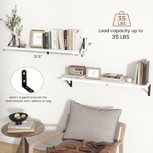 Axeman 32 Inch Floating Shelves, 8 Inch Deep White Wall Shelves Set of 2