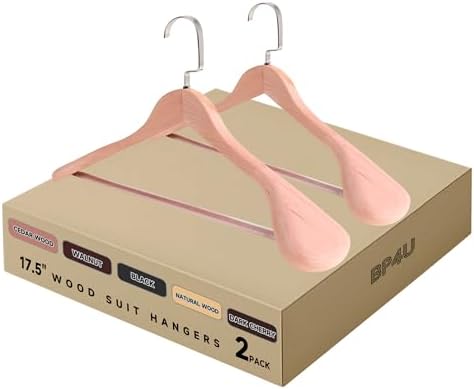 17.5" Wooden Suit Hangers with Non Slip Pants Bar, Cedar Wood, 2-Pack