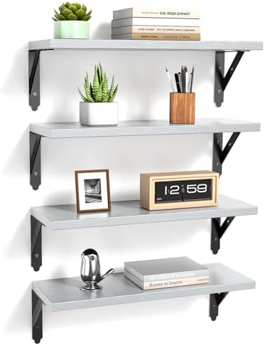 ROMGUAR CRAFT Wood Wall Floating Shelves Set of 4, 17" x 6" - Light Grey