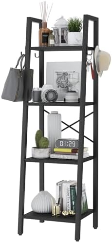 YMYNY 4 Tiers Ladder Bookcase, Industrial Narrow Bookshelf, Open Display Rack with 4 S Hooks, Metal Storage Shelves for 