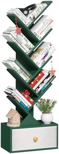 SHEEPAM 8-Tier Tree Bookshelf Floor Standing Storage Bookcase with Drawer