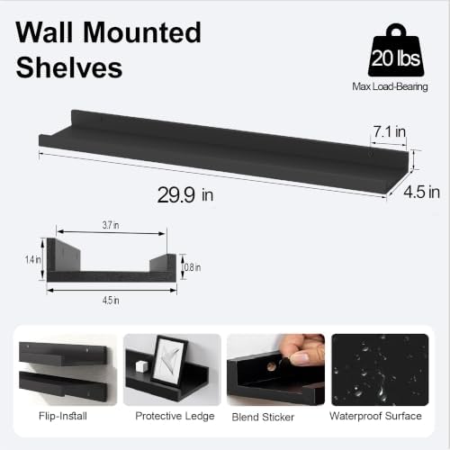 Black Floating Shelves for Wall Decor, 30 in Shelf with Lip Set of 2