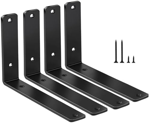 4 Pack - L 6" x H 4" x W1.5, 5mm Thick Black L Shelf Bracket, Iron Shelf Brackets, Metal Shelf Brackets, Floating Shelf,