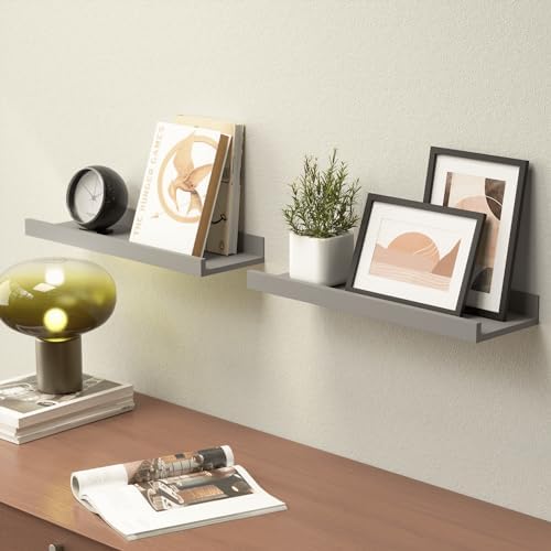 Boswillon Floating Shelves Set of 2, Small Wall Shelf with Lip, 16in, Grey