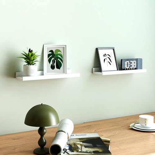 White Floating Shelves for Wall Decor, 14 in Shelf with Lip Set of 2