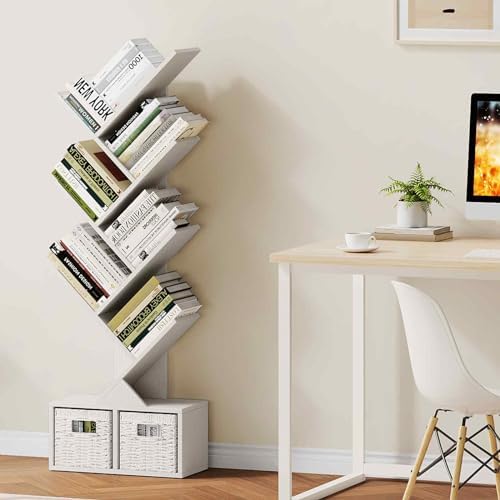 Vagusicc 6 Tier Tree Bookshelf with 2 Storage Cabinets, Tall Display Shelf Organizer for Books, Magazines, Home Decor, N