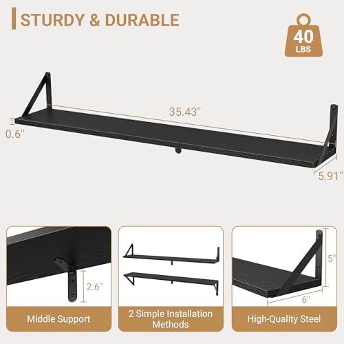 Heimlove Floating Shelves for Wall, 36 Inch Long Wood Floating Bookshelf Set of 3, Wall Mounted Hanging Shelf for Bathro