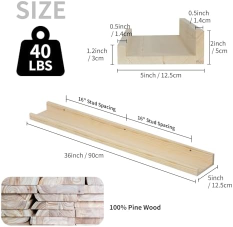 SAUMONIERES Picture Ledge Shelf Floating Book Shelves Set of 2 Wall Mounted Solid Wood for Bedroom Bathroom Living Room 